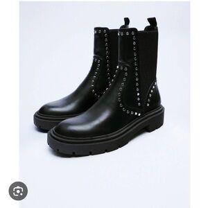Zara Black Leather Studded Military/Chelsea Ankle Boot 👢